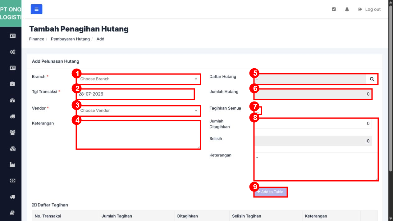 Pembayaran Hutang - Form Tambah Atas - Anotasi